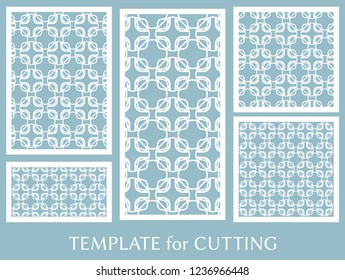 Decorative panels set for laser cutting. Geometric ornament for wedding invitation, envelope, greeting or business cards, Template for paper cut, printing, engraving wood, metal. Stencil manufacturing