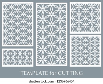 Decorative panels set for laser cutting. Geometric ornament for wedding invitation, envelope, greeting or business cards, Template for paper cut, printing, engraving wood, metal. Stencil manufacturing