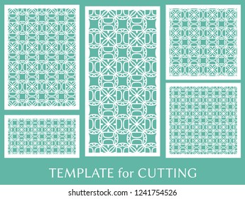 Decorative panels set for laser cutting. Geometric ornament for wedding invitation, envelope, greeting or business cards, Template for paper cut, printing, engraving wood, metal. Stencil manufacturing