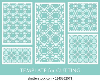 Decorative panels set for laser cutting. Geometric ornament for wedding invitation, envelope, greeting or business cards, Template for paper cut, printing, engraving wood, metal. Stencil manufacturing