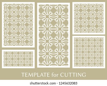 Decorative panels set for laser cutting. Geometric ornament for wedding invitation, envelope, greeting or business cards, Template for paper cut, printing, engraving wood, metal. Stencil manufacturing