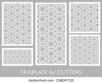 Decorative panels set for laser cutting. Geometric ornament for wedding invitation, envelope, greeting or business cards, Template for paper cut, printing, engraving wood, metal. Stencil manufacturing