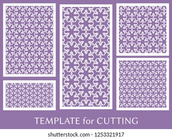 Decorative panels set for laser cutting. Geometric ornament for wedding invitation, envelope, greeting or business cards, Template for paper cut, printing, engraving wood, metal. Stencil manufacturing