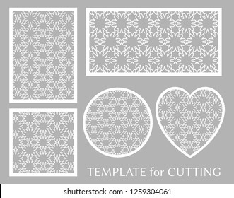 Decorative panels set for laser cutting. Geometric round ornament and heart element for wedding invitation, envelope, greeting card. Template for paper cut, printing. Stencil manufacturing