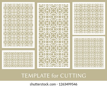 Decorative panels set for laser cutting. Geometric ornament for wedding invitation, envelope, greeting or business cards, Template for paper cut, printing, engraving wood, metal. Stencil manufacturing