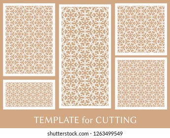 Decorative panels set for laser cutting. Geometric ornament for wedding invitation, envelope, greeting or business cards, Template for paper cut, printing, engraving wood, metal. Stencil manufacturing