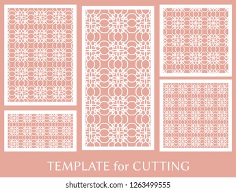 Decorative panels set for laser cutting. Geometric ornament for wedding invitation, envelope, greeting or business cards, Template for paper cut, printing, engraving wood, metal. Stencil manufacturing