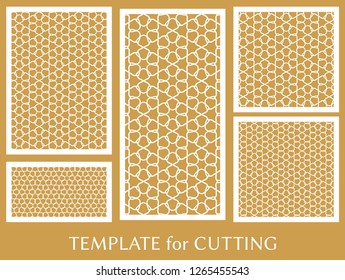 Decorative panels set for laser cutting. Geometric ornament for wedding invitation, envelope, greeting or business cards, Template for paper cut, printing, engraving wood, metal. Stencil manufacturing
