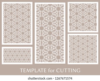 Decorative panels set for laser cutting. Geometric ornament for wedding invitation, envelope, greeting or business cards, Template for paper cut, printing, engraving wood, metal. Stencil manufacturing