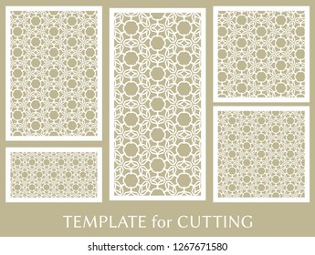Decorative panels set for laser cutting. Geometric ornament for wedding invitation, envelope, greeting or business cards, Template for paper cut, printing, engraving wood, metal. Stencil manufacturing