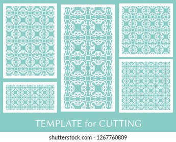 Decorative panels set for laser cutting. Geometric ornament for wedding invitation, envelope, greeting or business cards, Template for paper cut, printing, engraving wood, metal. Stencil manufacturing