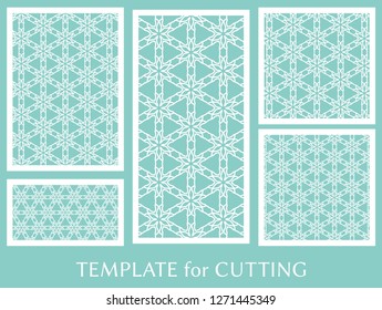 Decorative panels set for laser cutting. Geometric ornament for wedding invitation, envelope, greeting or business cards, Template for paper cut, printing, engraving wood, metal. Stencil manufacturing