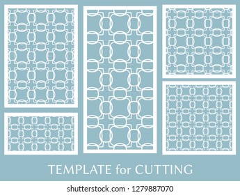 Decorative panels set for laser cutting. Geometric ornament for wedding invitation, envelope, greeting or business cards, Template for paper cut, printing, engraving wood, metal. Stencil manufacturing