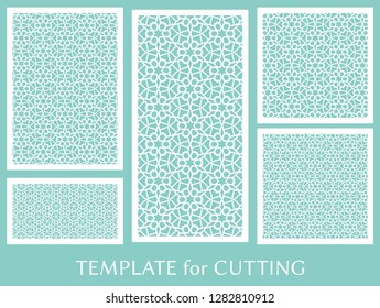 Decorative panels set for laser cutting. Geometric ornament for wedding invitation, envelope, greeting or business cards, Template for paper cut, printing, engraving wood, metal. Stencil manufacturing