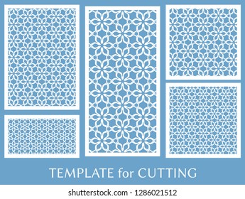 Decorative panels set for laser cutting. Geometric ornament for wedding invitation, envelope, greeting or business cards, Template for paper cut, printing, engraving wood, metal. Stencil manufacturing