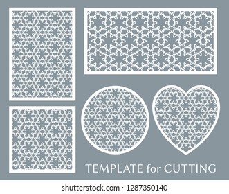 Decorative panels set for laser cutting. Geometric round ornament and heart element for wedding invitation, envelope, greeting card. Template for paper cut, printing. Stencil manufacturing