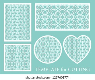 Decorative panels set for laser cutting. Geometric round ornament and heart element for wedding invitation, envelope, greeting card. Template for paper cut, printing. Stencil manufacturing