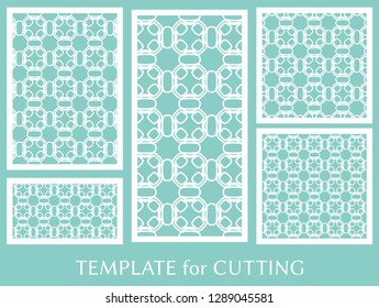 Decorative panels set for laser cutting. Geometric ornament for wedding invitation, envelope, greeting or business cards, Template for paper cut, printing, engraving wood, metal. Stencil manufacturing
