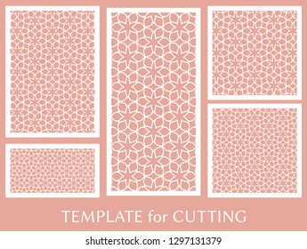 Decorative panels set for laser cutting. Geometric ornament for wedding invitation, envelope, greeting or business cards, Template for paper cut, printing, engraving wood, metal. Stencil manufacturing