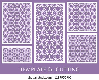 Decorative panels set for laser cutting. Geometric ornament for wedding invitation, envelope, greeting or business cards, Template for paper cut, printing, engraving wood, metal. Stencil manufacturing