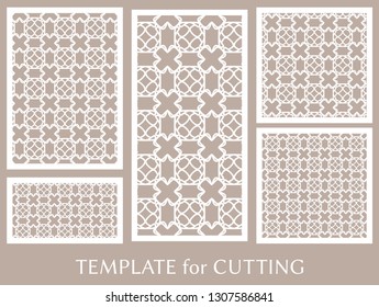 Decorative panels set for laser cutting. Geometric ornament for wedding invitation, envelope, greeting or business cards, Template for paper cut, printing, engraving wood, metal. Stencil manufacturing