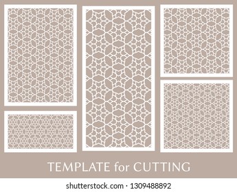 Decorative panels set for laser cutting. Geometric ornament for wedding invitation, envelope, greeting or business cards, Template for paper cut, printing, engraving wood, metal. Stencil manufacturing