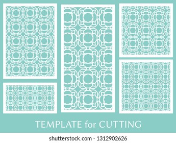 Decorative panels set for laser cutting. Geometric ornament for wedding invitation, envelope, greeting or business cards, Template for paper cut, printing, engraving wood, metal. Stencil manufacturing