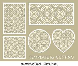 Decorative panels set for laser cutting. Geometric round ornament and heart element for wedding invitation, envelope, greeting card. Template for paper cut, printing. Stencil manufacturing