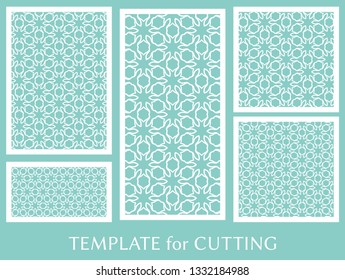 Decorative panels set for laser cutting. Geometric ornament for wedding invitation, envelope, greeting or business cards, Template for paper cut, printing, engraving wood, metal. Stencil manufacturing