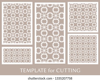 Decorative panels set for laser cutting. Geometric ornament for wedding invitation, envelope, greeting or business cards, Template for paper cut, printing, engraving wood, metal. Stencil manufacturing
