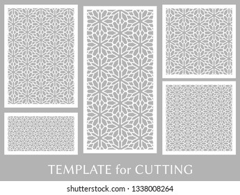 Decorative panels set for laser cutting. Geometric ornament for wedding invitation, envelope, greeting or business cards, Template for paper cut, printing, engraving wood, metal. Stencil manufacturing