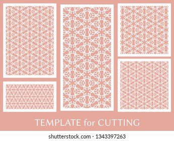Decorative panels set for laser cutting. Geometric ornament for wedding invitation, envelope, greeting or business cards, Template for paper cut, printing, engraving wood, metal. Stencil manufacturing