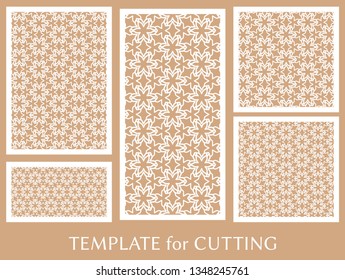 Decorative panels set for laser cutting. Geometric ornament for wedding invitation, envelope, greeting or business cards, Template for paper cut, printing, engraving wood, metal. Stencil manufacturing