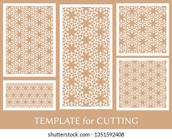 Decorative panels set for laser cutting. Geometric ornament for wedding invitation, envelope, greeting or business cards, Template for paper cut, printing, engraving wood, metal. Stencil manufacturing