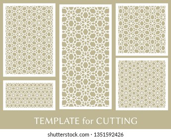 Decorative panels set for laser cutting. Geometric ornament for wedding invitation, envelope, greeting or business cards, Template for paper cut, printing, engraving wood, metal. Stencil manufacturing