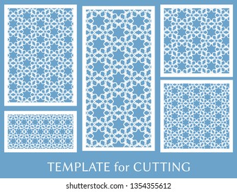 Decorative panels set for laser cutting. Geometric ornament for wedding invitation, envelope, greeting or business cards, Template for paper cut, printing, engraving wood, metal. Stencil manufacturing