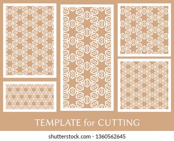 Decorative panels set for laser cutting. Geometric ornament for wedding invitation, envelope, greeting or business cards, Template for paper cut, printing, engraving wood, metal. Stencil manufacturing