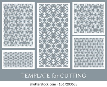 Decorative panels set for laser cutting. Geometric ornament for wedding invitation, envelope, greeting or business cards, Template for paper cut, printing, engraving wood, metal. Stencil manufacturing