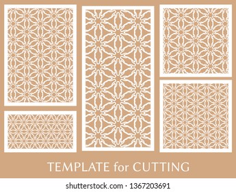 Decorative panels set for laser cutting. Geometric ornament for wedding invitation, envelope, greeting or business cards, Template for paper cut, printing, engraving wood, metal. Stencil manufacturing