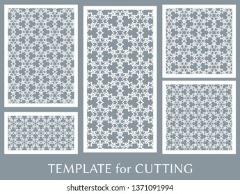 Decorative panels set for laser cutting. Geometric ornament for wedding invitation, envelope, greeting or business cards, Template for paper cut, printing, engraving wood, metal. Stencil manufacturing