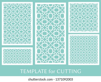 Decorative panels set for laser cutting. Geometric ornament for wedding invitation, envelope, greeting or business cards, Template for paper cut, printing, engraving wood, metal. Stencil manufacturing