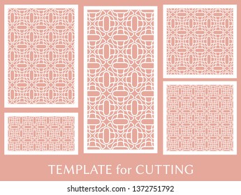 Decorative panels set for laser cutting. Geometric ornament for wedding invitation, envelope, greeting or business cards, Template for paper cut, printing, engraving wood, metal. Stencil manufacturing