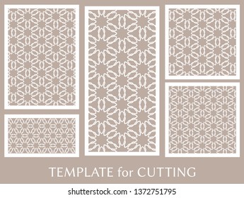 Decorative panels set for laser cutting. Geometric ornament for wedding invitation, envelope, greeting or business cards, Template for paper cut, printing, engraving wood, metal. Stencil manufacturing