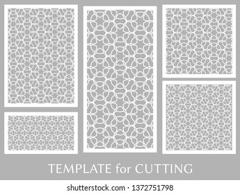 Decorative panels set for laser cutting. Geometric ornament for wedding invitation, envelope, greeting or business cards, Template for paper cut, printing, engraving wood, metal. Stencil manufacturing