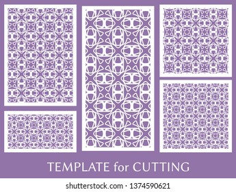 Decorative panels set for laser cutting. Geometric ornament for wedding invitation, envelope, greeting or business cards, Template for paper cut, printing, engraving wood, metal. Stencil manufacturing