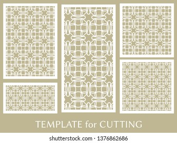 Decorative panels set for laser cutting. Geometric ornament for wedding invitation, envelope, greeting or business cards, Template for paper cut, printing, engraving wood, metal. Stencil manufacturing