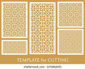 Decorative panels set for laser cutting. Geometric ornament for wedding invitation, envelope, greeting or business cards, Template for paper cut, printing, engraving wood, metal. Stencil manufacturing
