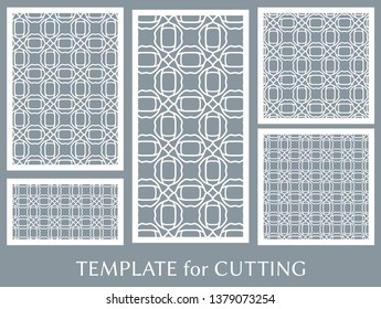 Decorative panels set for laser cutting. Geometric ornament for wedding invitation, envelope, greeting or business cards, Template for paper cut, printing, engraving wood, metal. Stencil manufacturing