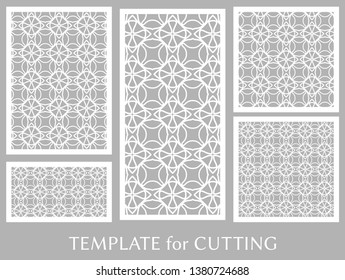 Decorative panels set for laser cutting. Geometric ornament for wedding invitation, envelope, greeting or business cards, Template for paper cut, printing, engraving wood, metal. Stencil manufacturing