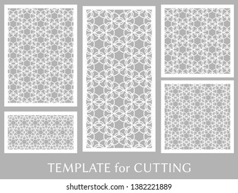 Decorative panels set for laser cutting. Geometric ornament for wedding invitation, envelope, greeting or business cards, Template for paper cut, printing, engraving wood, metal. Stencil manufacturing